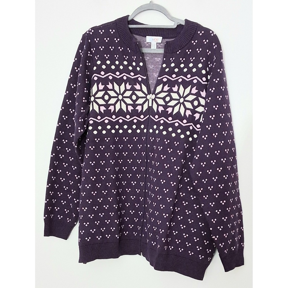 Denim & Co Cardigan Women's 2X Archives‎ Zip Front Placed Motif Purple Snowflake